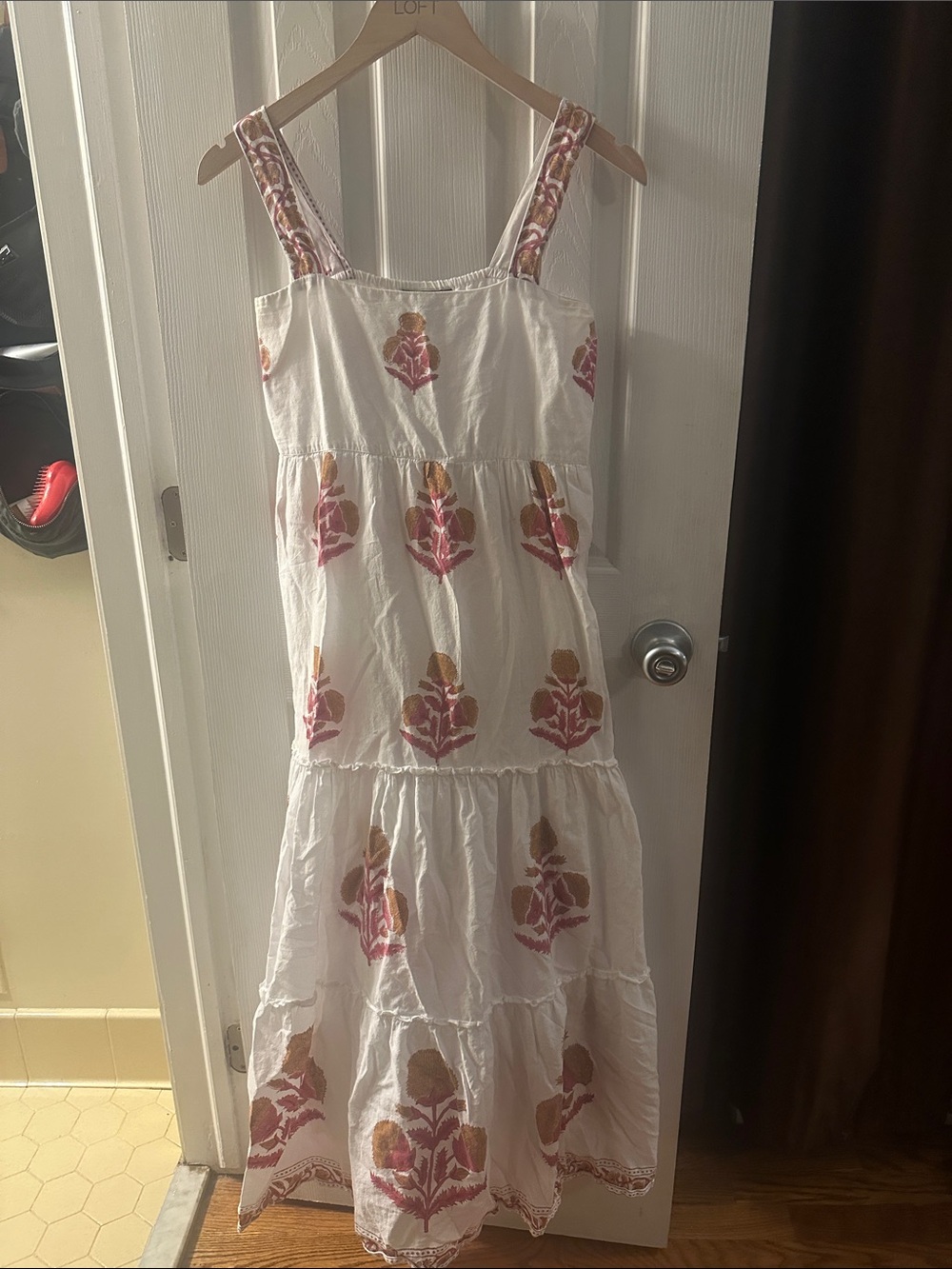 White Maxi Sundress with Pink & Gold Floral Embroidery
